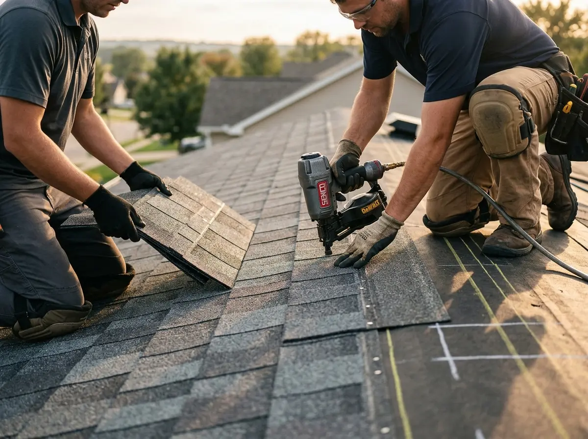 Professional roofer working on a residential roof in North Providence